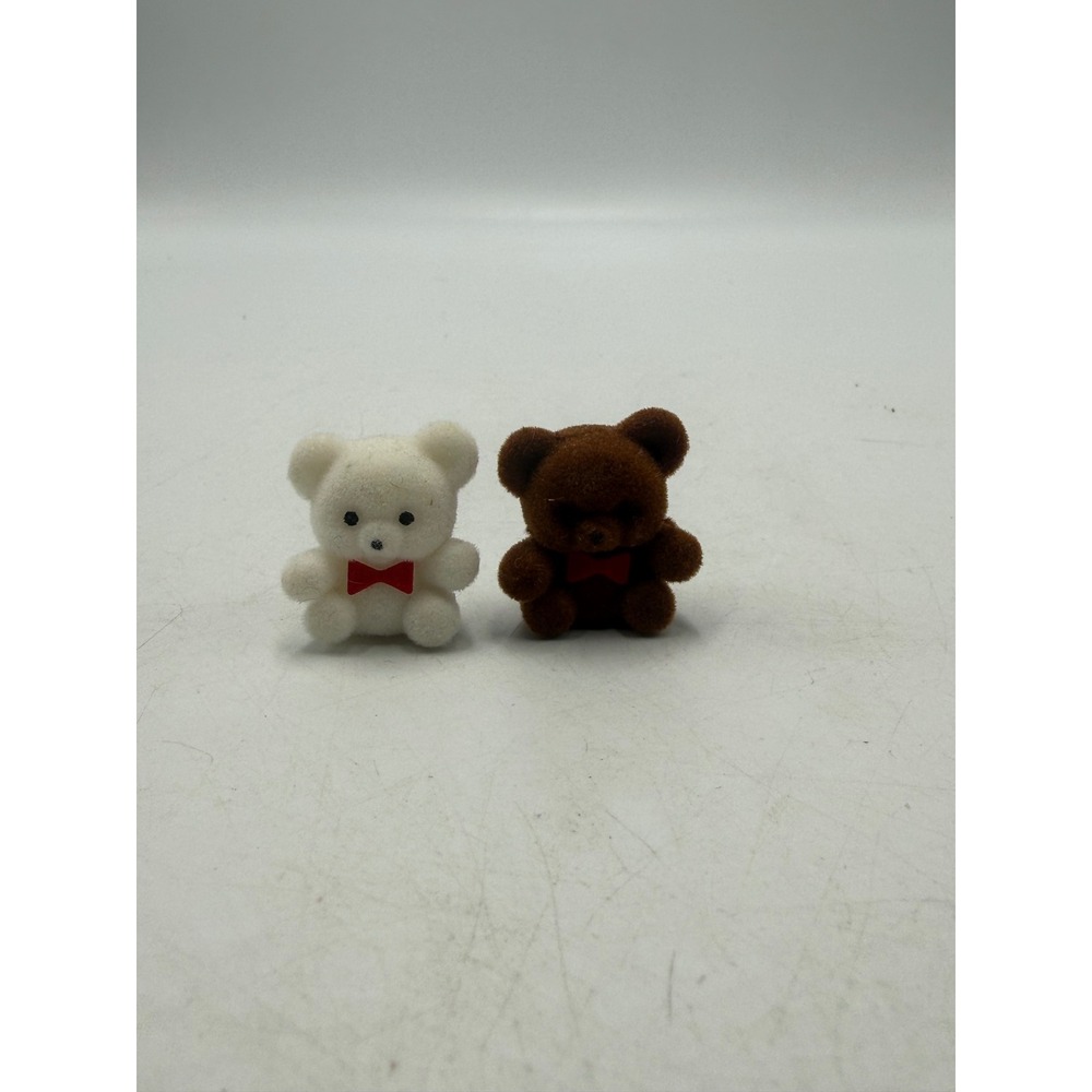 Vintage Miniature Flocked Teddy Bears White Brown Red Bow Ties Set of 2 Tiny 1"